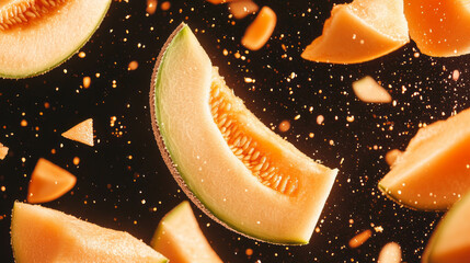 Aufkleber - Dynamic background of falling sliced cantaloupes and orange fragments for creative designs