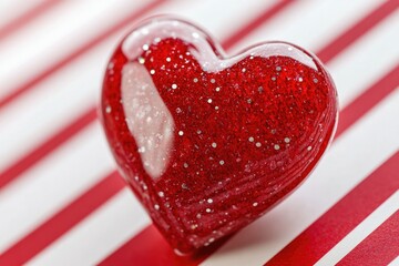 Aufkleber - A red glittered heart sits on a red and white striped table, perfect for Valentine's Day or romantic celebrations