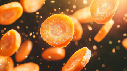 Aufkleber - Fresh sliced carrots falling in soft orange glow - creative background design