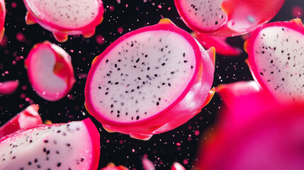 Poster - Exotic dragon fruits in mid-air against dark background for modern design