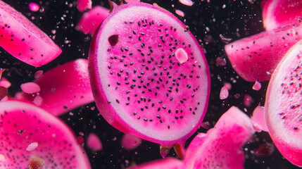 Poster - Vibrant sliced dragon fruits falling on dark background for tropical design