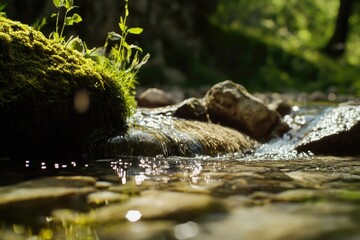 Poster - A serene and tranquil scene of a forest stream surrounded by lush greenery