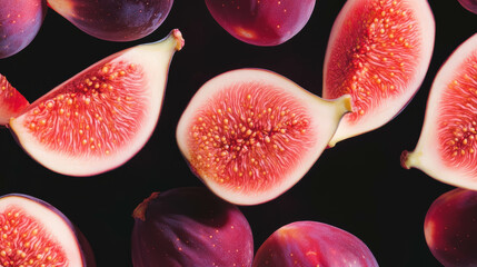 Poster - Vibrant arrangement of falling sliced figs against dark background for modern design