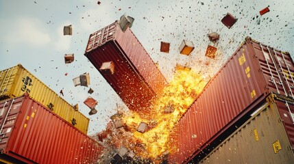 Poster - A pile of shipping containers explodes into the air