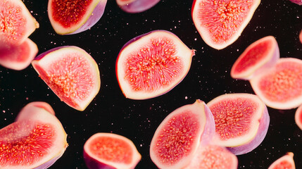 Poster - Vibrant sliced figs falling against a bold purple pink background for creative design