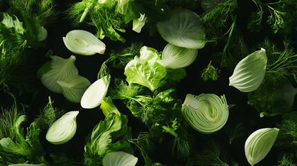 Poster - Fresh sliced fennel bulbs and leaves falling on dark background for kitchen decor