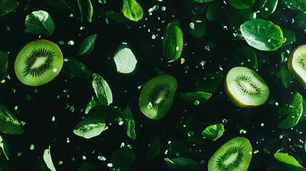 Poster - Fresh kiwi and green leaves falling in dynamic motion