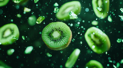 Aufkleber - Vibrant falling sliced kiwis in dynamic green background for creative design