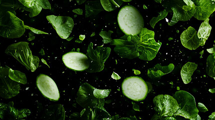 Poster - Fresh sliced kohlrabi and greens floating on dark background