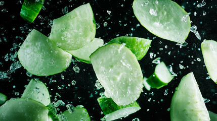 Poster - Fresh sliced kohlrabi with water drops in motion background for food design