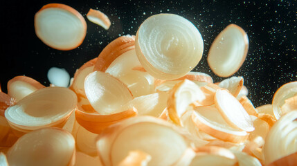 Poster - Fresh sliced onions falling against dark background for culinary design