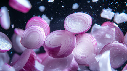 Aufkleber - Dynamic background featuring falling sliced red onions for kitchen decor or culinary design