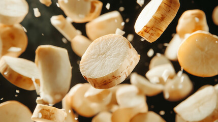 Poster - Falling sliced parsnips on dark background for culinary and food art design