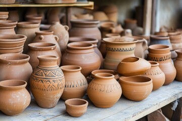 Poster - A collection of clay pots placed on a table, ideal for decorative or craft purposes