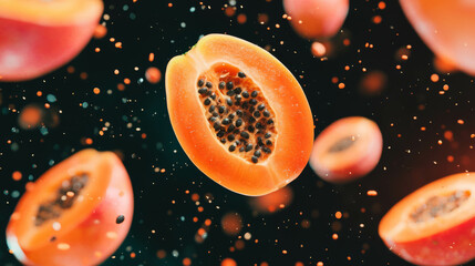 Poster - Fresh papaya and orange slices falling on dark background for vibrant food art