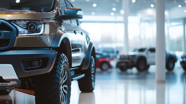 A car showroom displaying an off-road pickup truck. Featuring rugged features and powerful performance