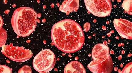 Aufkleber - Vibrant background of falling sliced pomegranates for food and health designs