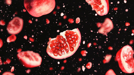 Poster - Vibrant background of falling sliced pomegranates on black for creative design