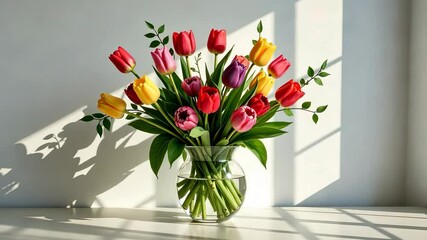 Poster - A vase of tulips with a clear glass vase. The tulips are in different colors and are arranged in the vase