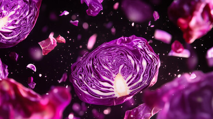 Aufkleber - Vibrant falling sliced red cabbages on dark background for creative design