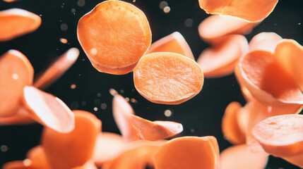 Aufkleber - Falling sliced sweet potatoes on dark background for food design and decor