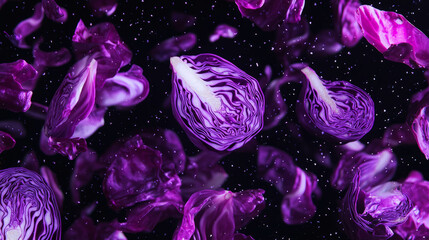 Poster - Vibrant falling sliced red cabbages on a dark background for food design and decoration