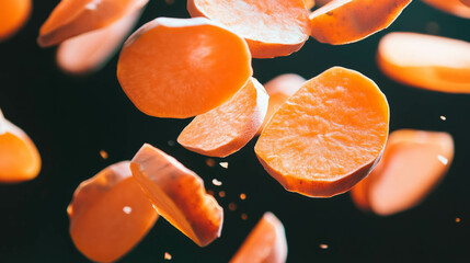 Aufkleber - Vibrant background of falling sliced sweet potatoes for healthy food design