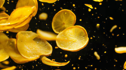 Poster - Dynamic background of falling sliced yellow squash and lemon for creative design
