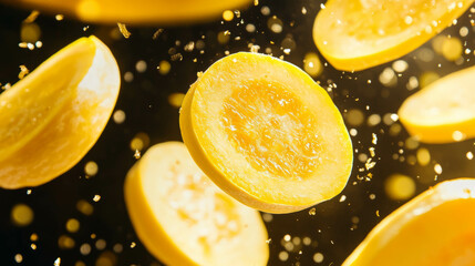 Poster - Fresh yellow squash slices falling against vibrant background for culinary design