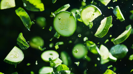 Aufkleber - Fresh sliced zucchini and green leaves on dark background - vibrant healthy eating concept