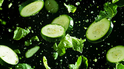 Aufkleber - Fresh falling sliced zucchini and green lettuce on dark background for food design