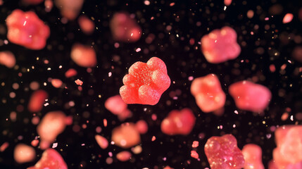 Poster - Colorful falling gummy bears on black background for candy-themed design