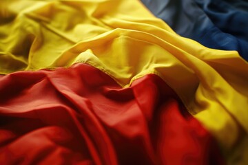 Poster - A detailed shot of a vibrant fabric with red, yellow, and blue hues