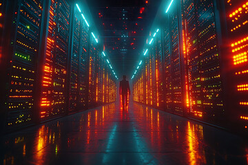 Poster - A lone figure walks down a futuristic server room corridor, bathed in vibrant neon lights.