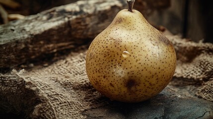 Poster - A pear sits atop a stack of wooden planks