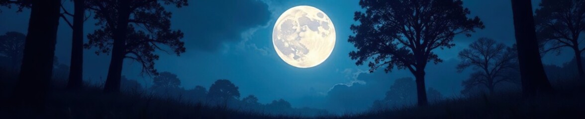 silhouetted tree against the bright full moon in a forest at nighttime,, secluded