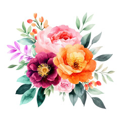 Poster - Watercolor floral design with colorful flowers on a black background for creative projects isolated on transparent background..