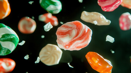 Poster - Colorful falling taffy candies on dark background for festive design