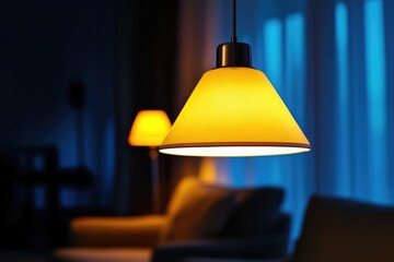 Poster - A warm glow illuminates a space with furniture and possibly people
