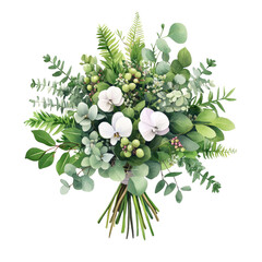 Poster - Bouquet of colorful flowers with greenery arranged in a decorative vase on a wooden table isolated on transparent background..