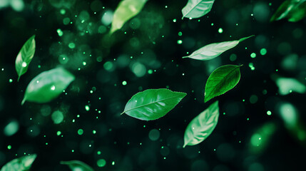 Poster - Tranquil falling tea leaves on soft green backdrop for nature inspired designs