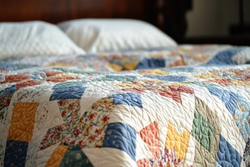 Aufkleber - A cozy bed with a quilt on top