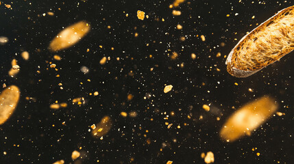 Poster - Falling wheat bread crumbs in motion for culinary background design