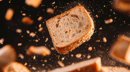 Poster - Dynamic scene of falling wheat bread and crumbs for food design concepts