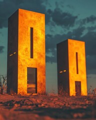 Poster - Illuminated concrete towers at dusk desert landscape architectural dramatic environment low angle view