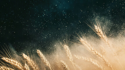 Poster - Flour and wheat stalks in motion with dramatic dark background for culinary design
