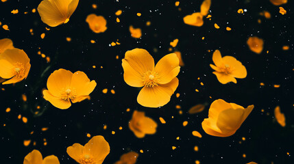 Poster - Falling yellow buttercup petals on dark background for nature-inspired designs