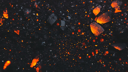 Poster - Fiery embers and charcoal background with glowing sparks for creative design