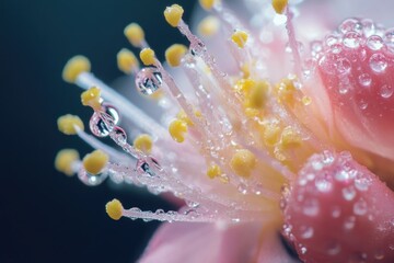 Poster - A detailed view of a pink flower with water droplets on its petals, great for use in nature or beauty related contexts