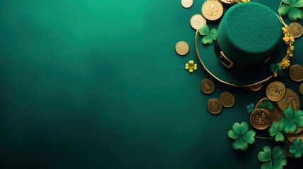 Sticker - St Patrick's hat  gold coins and clover leaves on green background with copy space